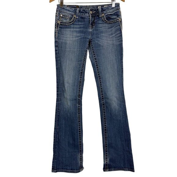 Miss Me Easy Bootcut Jeans 26 Fleur-De-Lis Embellished Ripped Patch Grunge - Picture 1 of 14